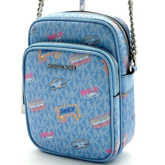 Michael Kors Jet Set Medium Printed Signature Logo Crossbody Bag Light Sky Blue - Picture 1 of 11
